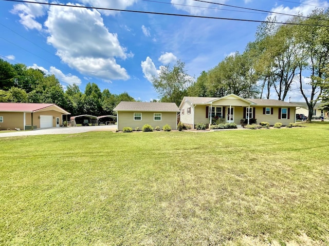 ranch-style house with a garage, covered porch, and a front yard