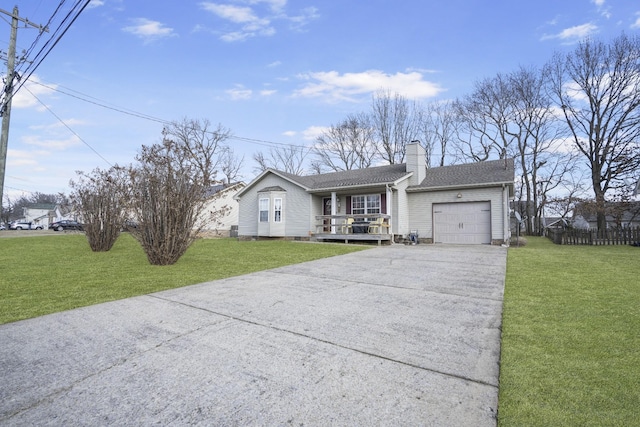 ranch-style house with a garage, a porch, and a front yard