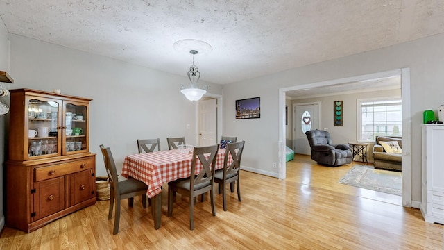 dining room with a textured ceiling and light wood-type flooring