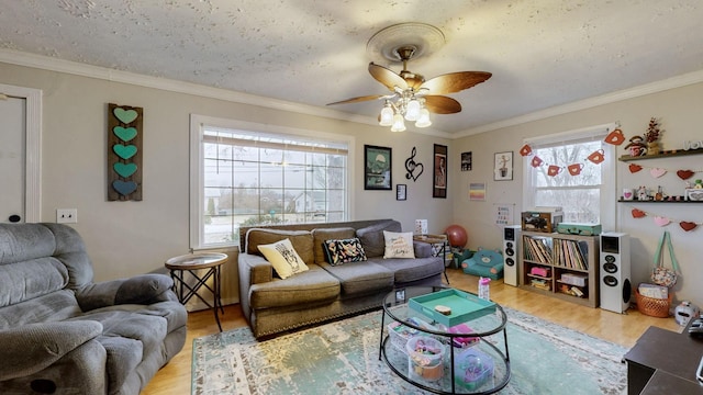 living room with ceiling fan, ornamental molding, light hardwood / wood-style floors, and a textured ceiling