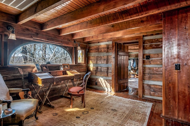 interior space with wood-type flooring, wooden ceiling, beam ceiling, and wood walls