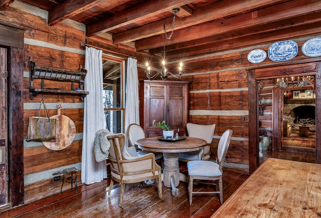 dining room with an inviting chandelier, wood ceiling, wooden walls, dark hardwood / wood-style floors, and beamed ceiling