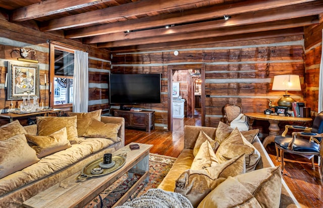 living room featuring wood walls, wood-type flooring, beam ceiling, and wooden ceiling