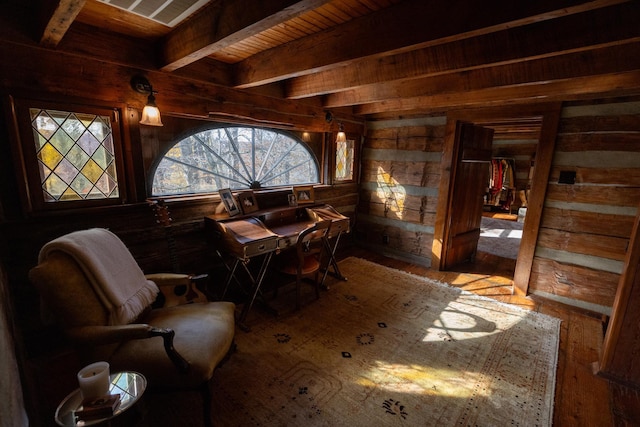 interior space with beam ceiling and wooden walls