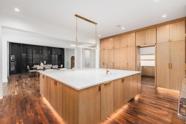 kitchen with a large island, sink, and dark hardwood / wood-style floors