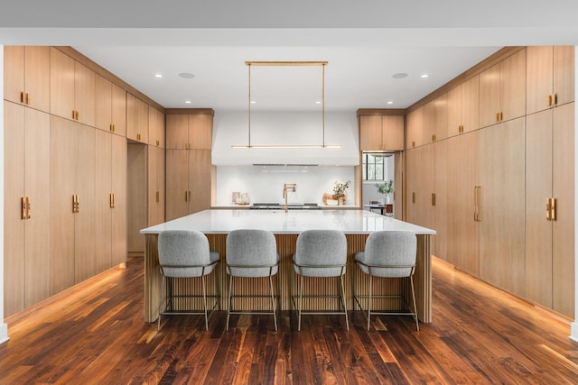 kitchen featuring pendant lighting, sink, a center island with sink, dark hardwood / wood-style flooring, and light brown cabinets