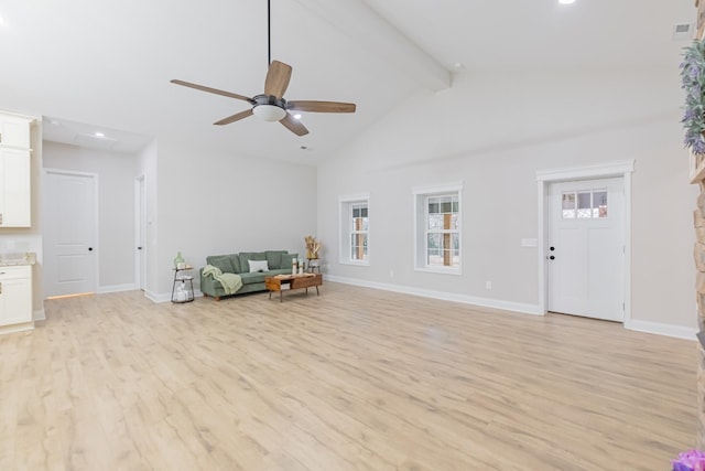 interior space with beam ceiling, high vaulted ceiling, ceiling fan, and light wood-type flooring