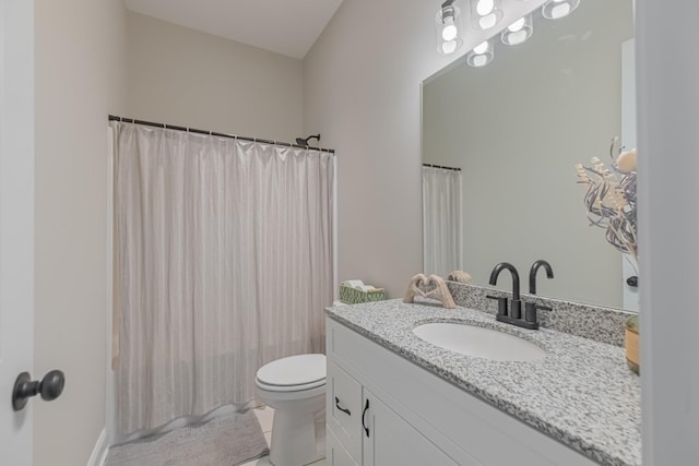 full bathroom with vanity, tile patterned floors, shower / bath combination with curtain, and toilet