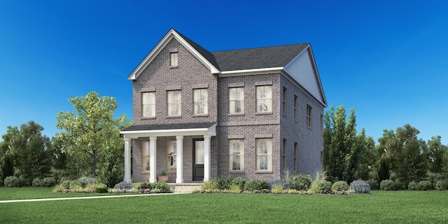 view of front facade featuring a front lawn and a porch