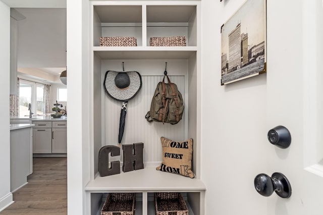 mudroom with sink and hardwood / wood-style floors