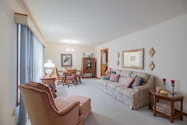 carpeted living room featuring an inviting chandelier and ornamental molding