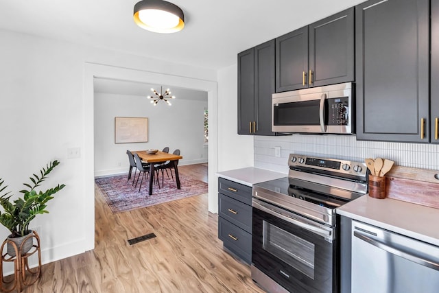 kitchen with a notable chandelier, decorative backsplash, light hardwood / wood-style floors, and appliances with stainless steel finishes