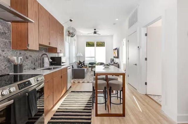 kitchen featuring sink, light wood-type flooring, appliances with stainless steel finishes, range hood, and backsplash