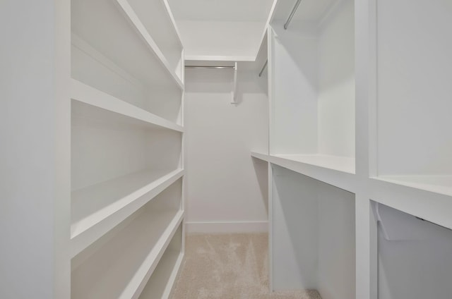 walk in closet featuring light carpet