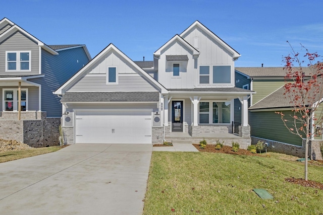 craftsman-style house with a porch, a garage, and a front lawn