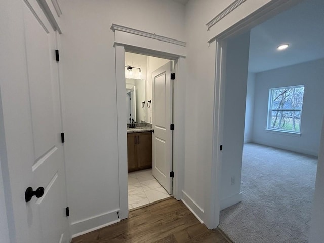 hallway featuring sink and light carpet