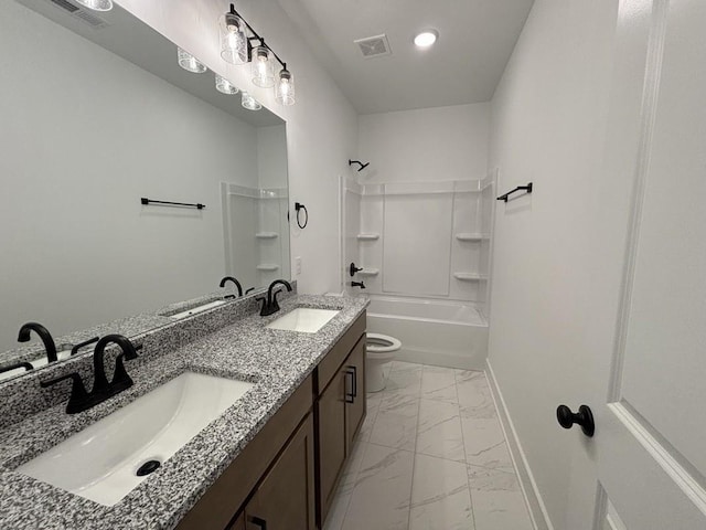 full bathroom with washtub / shower combination, vanity, and toilet