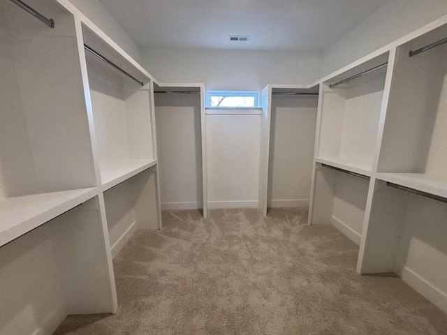 walk in closet with light colored carpet