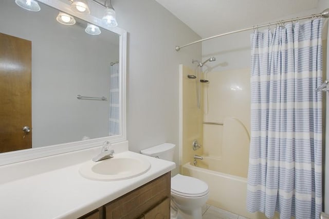 full bathroom featuring vanity, shower / bath combination with curtain, and toilet