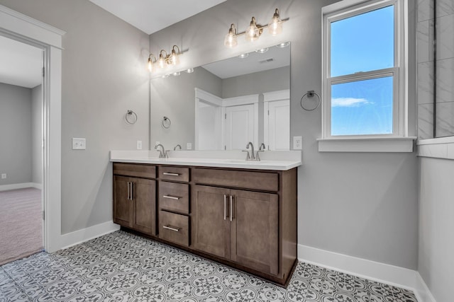 full bath with double vanity, visible vents, baseboards, and a sink