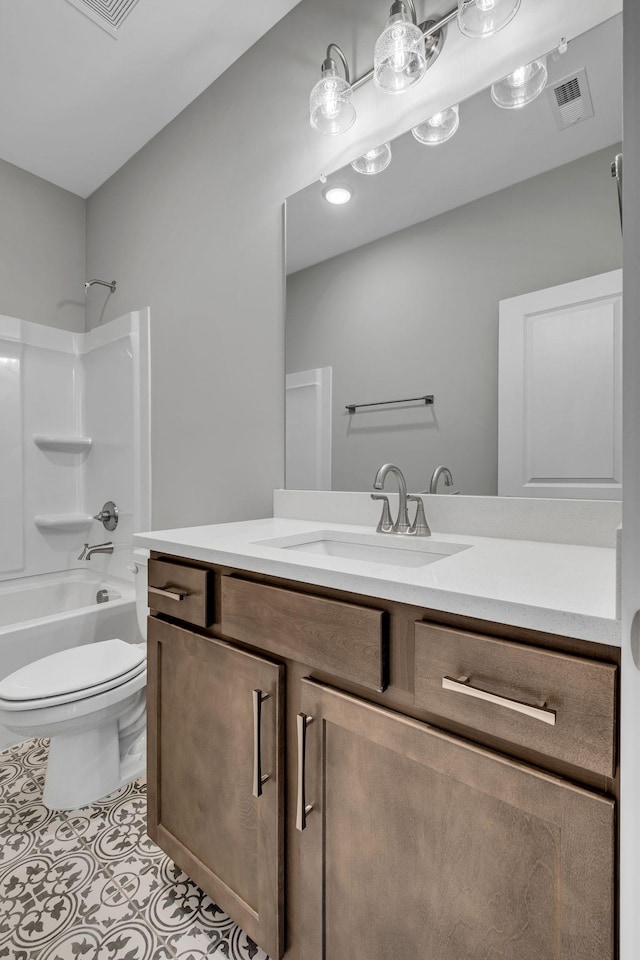 full bath with tile patterned floors, visible vents, toilet, tub / shower combination, and vanity