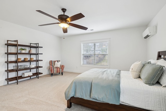 bedroom featuring an AC wall unit, carpet flooring, and ceiling fan