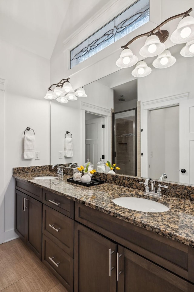 bathroom with vanity, lofted ceiling, and walk in shower