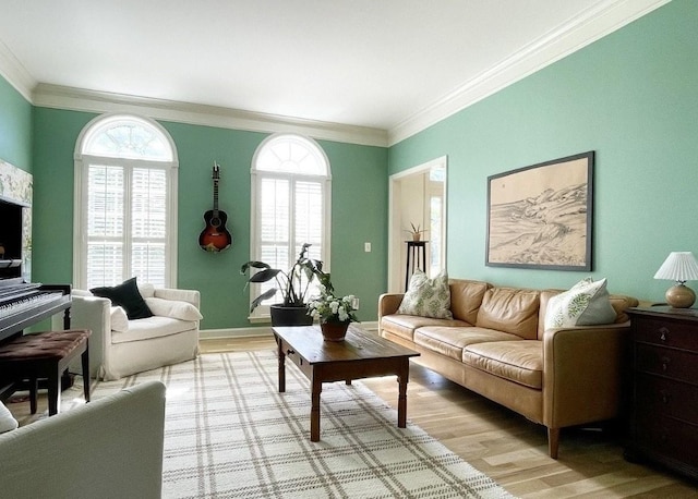 living room with ornamental molding and light hardwood / wood-style floors