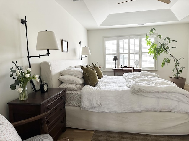 bedroom with wood-type flooring and a raised ceiling