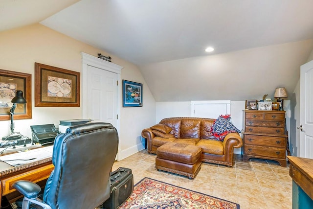 tiled home office with vaulted ceiling