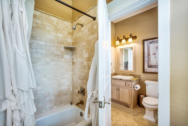 full bathroom with tile patterned flooring, vanity, shower / tub combo with curtain, and toilet