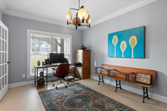 office space featuring crown molding, wood-type flooring, and a chandelier