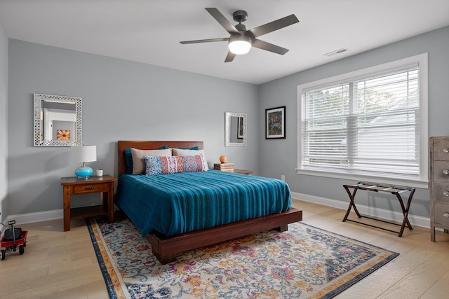 bedroom featuring ceiling fan and light hardwood / wood-style flooring