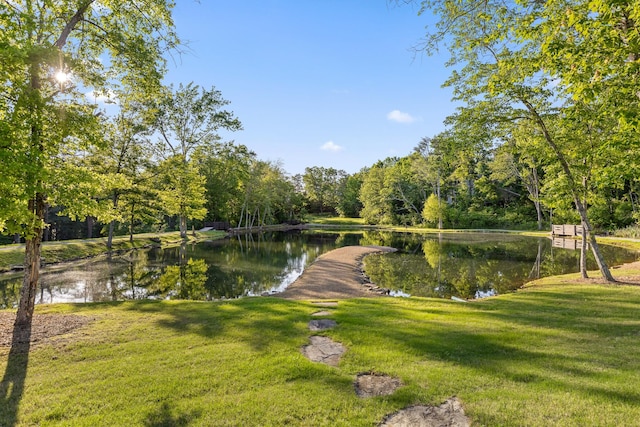 view of community featuring a lawn and a water view