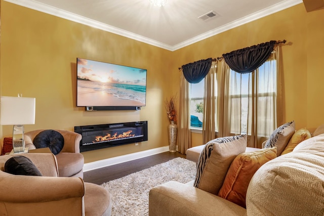 living room featuring crown molding and dark hardwood / wood-style flooring