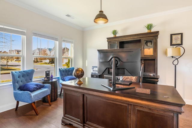 home office featuring ornamental molding and dark hardwood / wood-style flooring