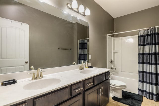 full bathroom with toilet, vanity, shower / bathtub combination with curtain, and tile patterned flooring