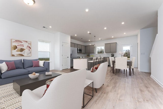 living room featuring a wealth of natural light and light hardwood / wood-style floors