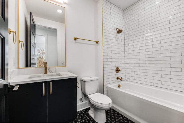 full bathroom with vanity, tile patterned flooring, tiled shower / bath combo, and toilet