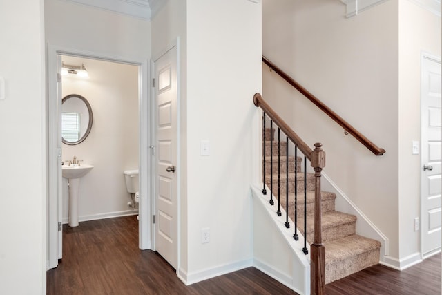 stairway with sink and hardwood / wood-style floors