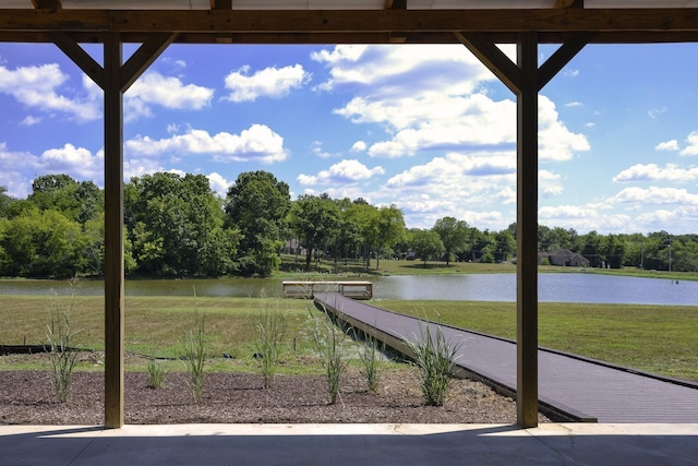 exterior space with a water view