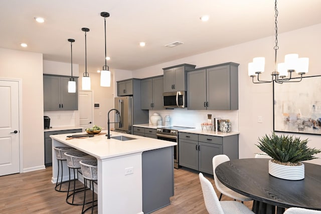 kitchen with pendant lighting, sink, gray cabinets, appliances with stainless steel finishes, and an island with sink