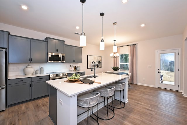 kitchen featuring a breakfast bar, sink, pendant lighting, stainless steel appliances, and a kitchen island with sink