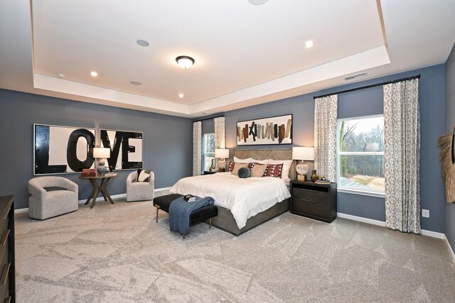 carpeted bedroom with a tray ceiling