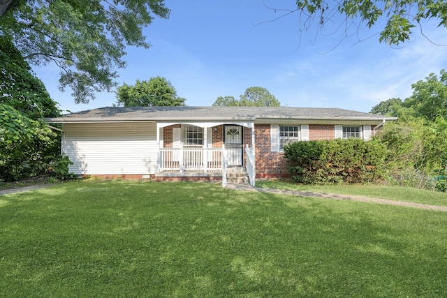 single story home with a front lawn and a porch