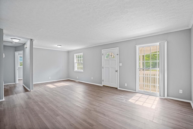 spare room featuring wood-type flooring, a wealth of natural light, and a textured ceiling