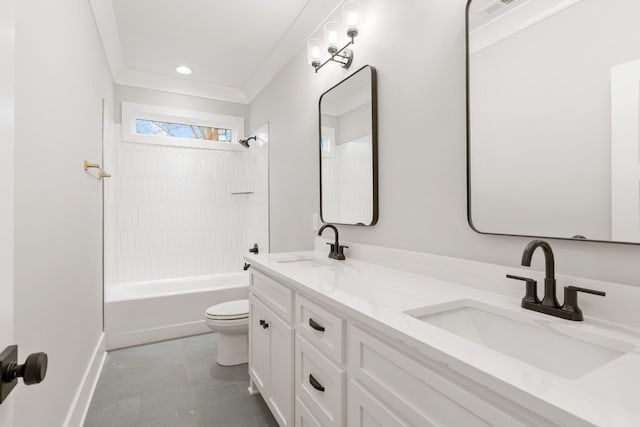 full bathroom with crown molding, tiled shower / bath, vanity, and toilet