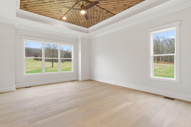 spare room featuring crown molding, a healthy amount of sunlight, a raised ceiling, and light hardwood / wood-style flooring