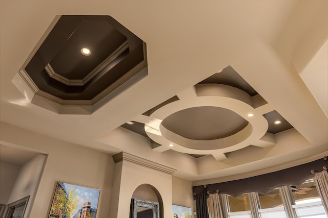 details with coffered ceiling and crown molding