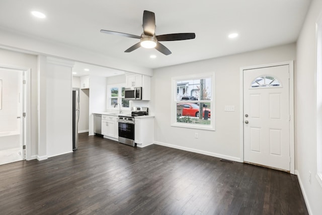 foyer entrance featuring sink, a wealth of natural light, dark hardwood / wood-style floors, and ceiling fan